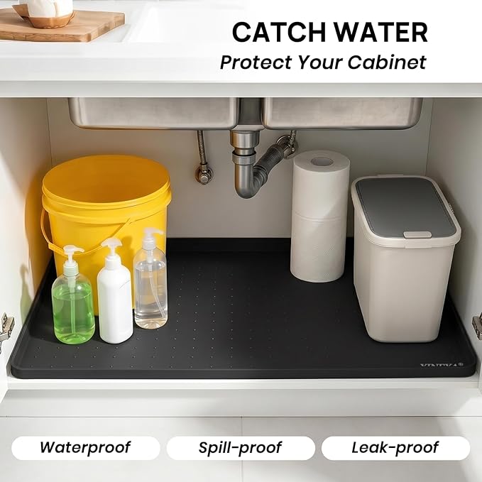 YINEYA Silicone Under Sink Mat Waterproof 24" x 16", Raised Edge Cabinet Liner - Image 3