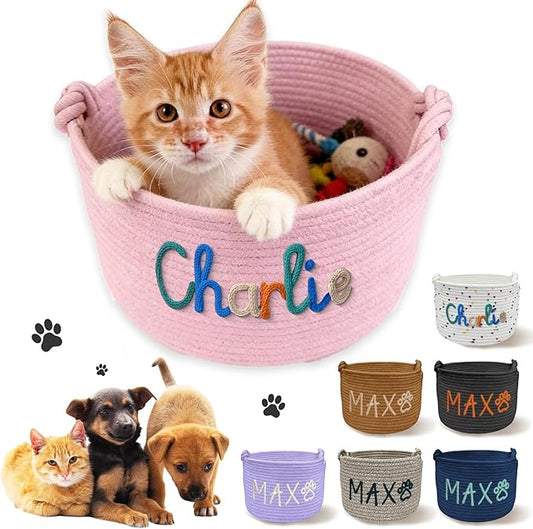 Personalized Dog Cat Toy Basket, Custom Cotton Rope Storage Basket by PFTPOW