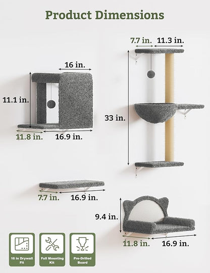 5-in-1 Cat Wall Shelves, Solid Wood & Velvet & Sisal Scratcher, 44lbs Max Load - Image 5