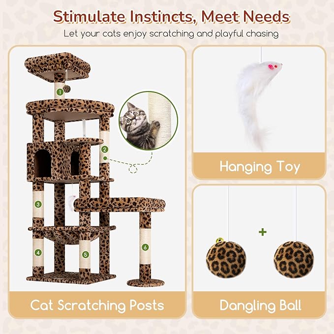 Globlazer Large Perch Leopard Cat Tree, 65in Sturdy Cat Scratching Tree - Image 6