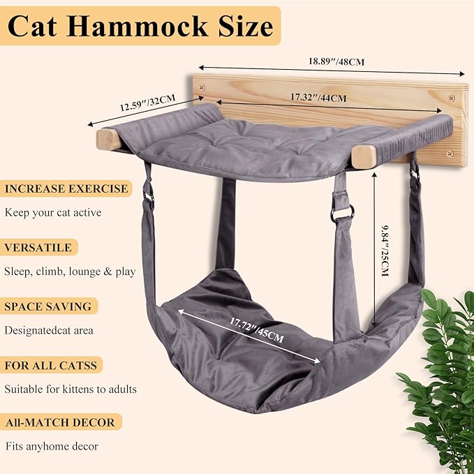 JSPYFITS Wooden Cat Wall Hammock, 18.9 x 12.6 Inch Double Layer Cat Furniture - Image 4