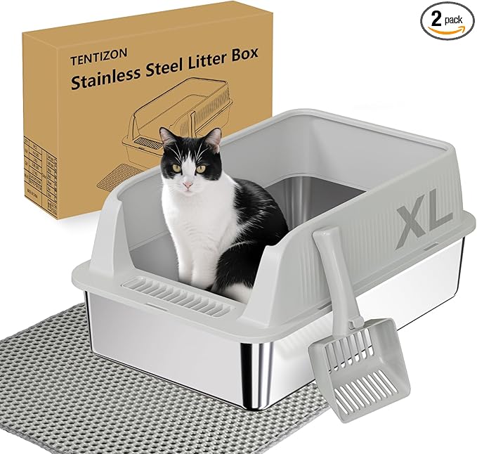 TENTIZON 2 Pack Stainless Steel Cat Litter Box, XL Large Metal Kitty Litterbox by TENTIZON