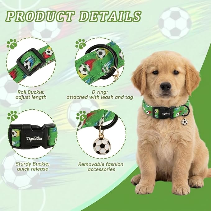 Soccer Dog Collar, Cute Green Puppy Collars - Image 2