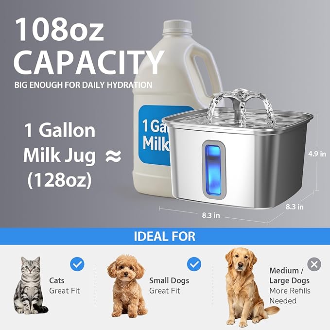 Veken Innovation Award Winner Stainless Steel Cat Water Fountain, 108oz/3.2L - Image 4