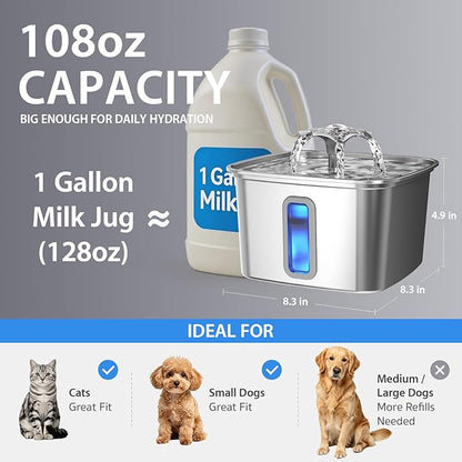Veken Innovation Award Winner Stainless Steel Cat Water Fountain, 108oz/3.2L - Image 4