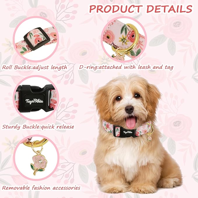 Dog Collar with Roses Patterns, Spring Summer Collection Pink Dog Collar with - Image 3