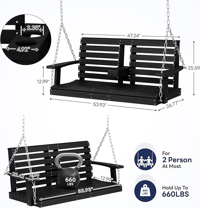 KINGYES Outdoor Hanging Porch Swing Set of 4, 2 Seat Patio Swing Recliner - Image 3