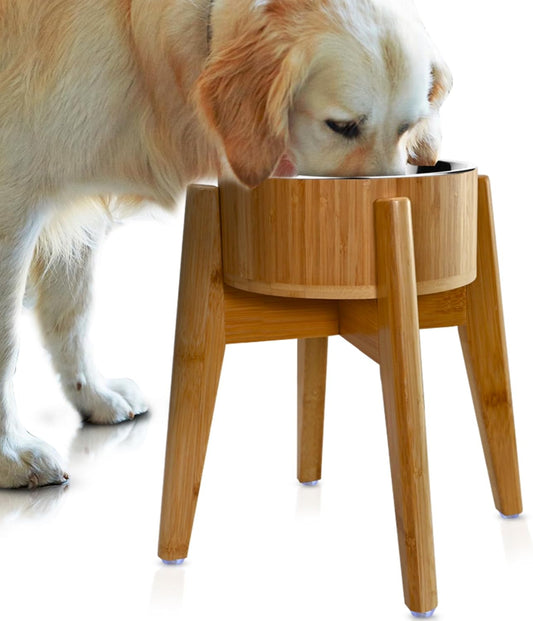 Elevated Dog Bowls for Large Breed - (15-Inch Tall, 74-oz Cap), Deter Ants and Bugs - Raised Single Feeder, Suitable for Dry and Wet Pet Foods - Bamboo with Stainless Steel Dish