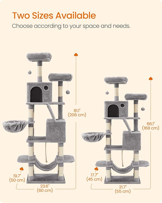 Feandrea Cat Tree, 66.1-Inch Large Cat Tower, 2 Perches, 2 Caves, Light Gray - Image 7