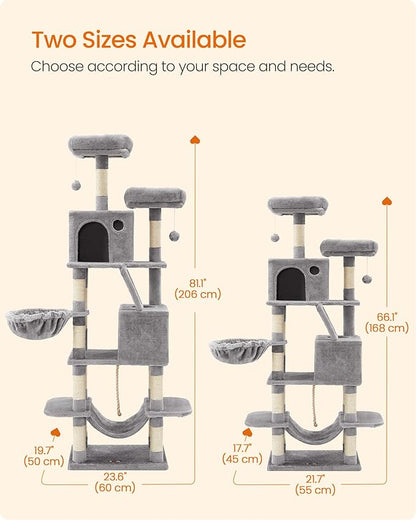 Feandrea Cat Tree, 66.1-Inch Large Cat Tower, 2 Perches, 2 Caves, Light Gray - Image 7