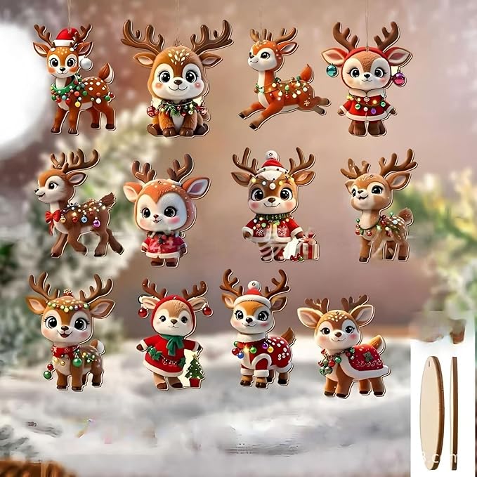 24 Pcs Cute Reindeer Christmas Tree Hanging Ornaments 2D Flat Wooden Pendant - Image 2