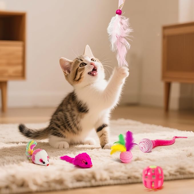 MALLMALL6 Cat Toy Set Interactive Cat Toys 27Pcs Pack Stuff Pink Feather Teaser - Image 3