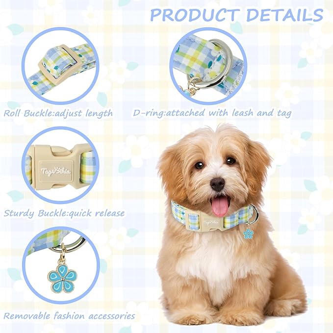 Dog Collar with Blue Checkered & Floral Patterns, Spring Summer Collection Dog - Image 3