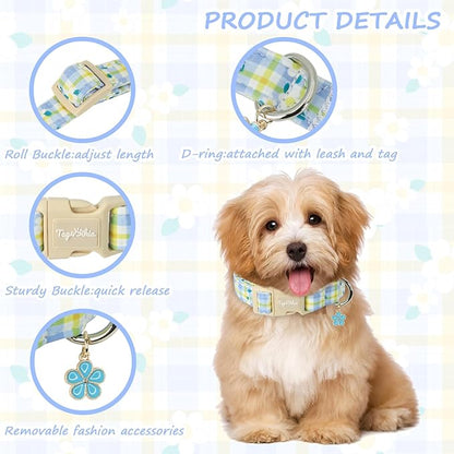 Dog Collar with Blue Checkered & Floral Patterns, Spring Summer Collection Dog - Image 3