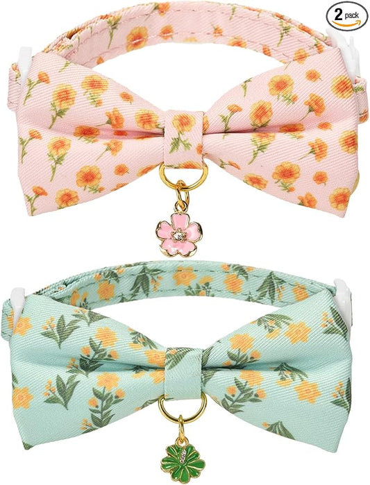 2 Pack Cat Collars, Removable Bowtie, Floral Pattern, Safety Breakaway Clasp by Petiry