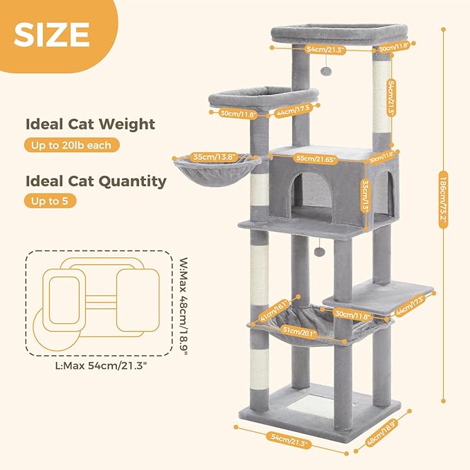 PAWZ Road Tall Cat Tree, 73 Inches Large Cat Tower - Image 2