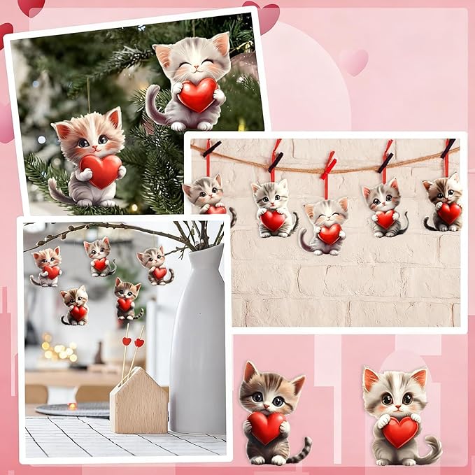 8 Pcs Valentine's Day Ornaments Cute Cat Holding a Red Heart Designs 2D Acrylic - Image 7