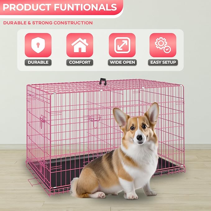 FDW Dog Crate for Small Dogs 24 Inch Folding Metal WirePet Cage Double Door - Image 2