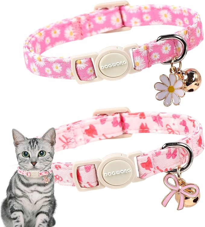 2 Pack Pink Floral Cat Collars Breakaway by DOGWONG