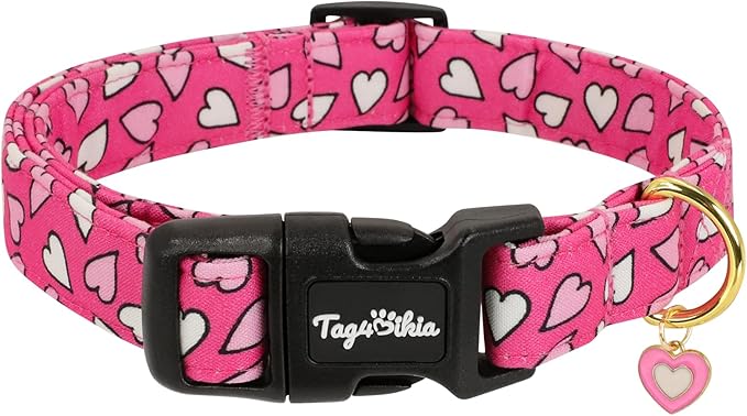 Valentines Dog Collar with Pink White Heart Pattern, Adjustable Puppy Collar by Unknown