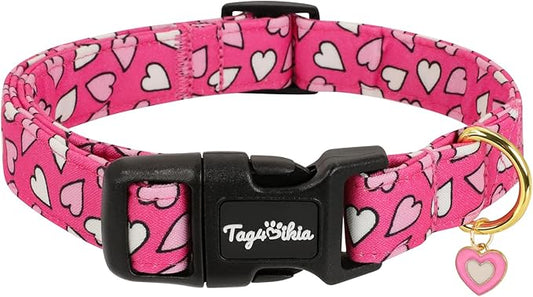 Valentines Dog Collar with Pink White Heart Pattern, Adjustable Puppy Collar by Unknown