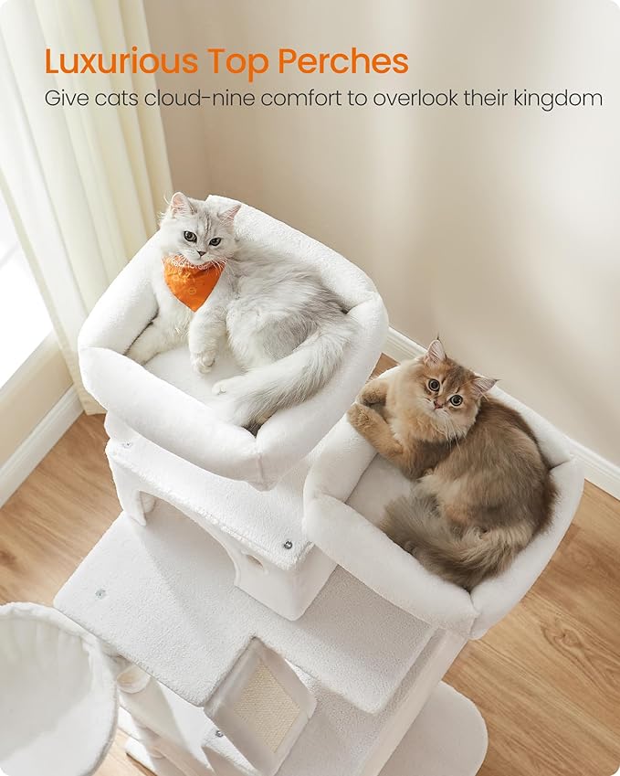 Feandrea Cat Tree, 66.1-Inch Large Cat Tower, 2 Perches, 2 Caves, Cream White - Image 3