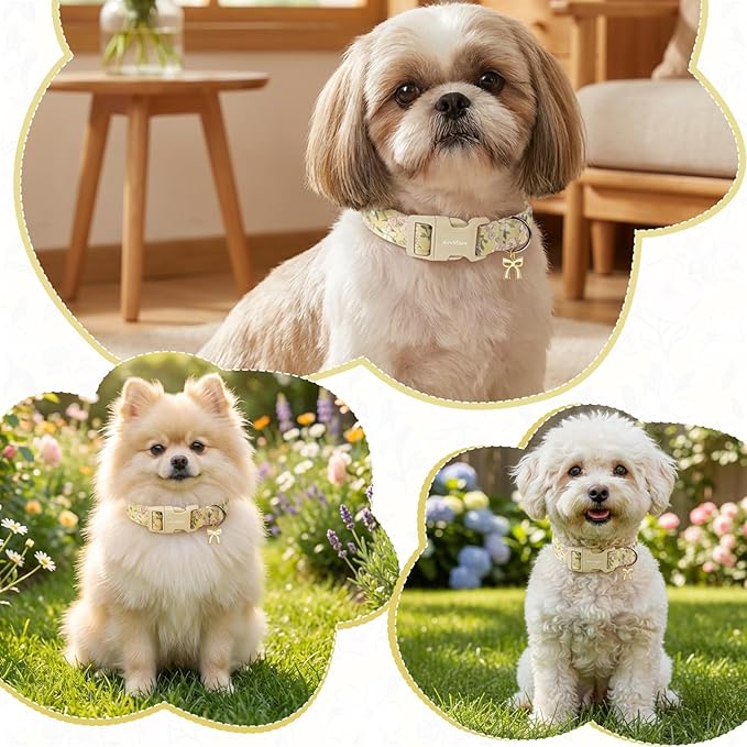 Spring Summer Dog Collar with Pink White Flowers, Adjustable Cotton Puppy - Image 4