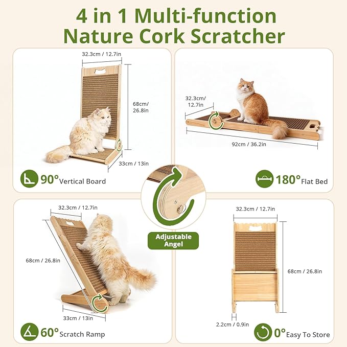 4-in-1 Adjustable Cat Scratch Pad, Nature Cork Scratching mat, 32 inch Foldable - Image 2