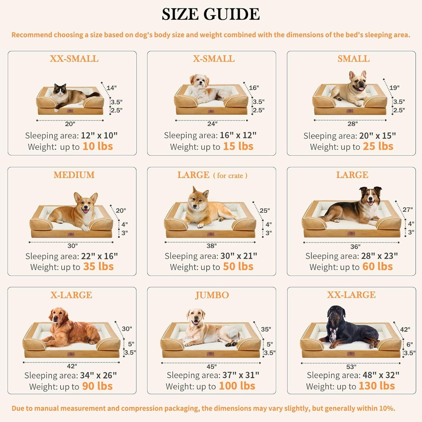 Comfort Expression Large Dog Beds Waterproof, Orthopedic Dog Beds for Large Sized Dogs, Comfy Pet Bed Sofa with Washable Removable Cover & Non-Slip Bottom(Khaki)