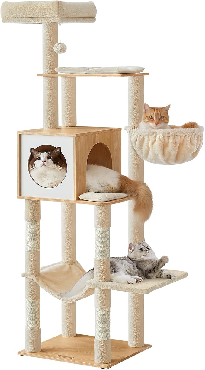 Feandrea Cat Tree, 65-Inch Tall Cat Tower, Scratching Posts, Almond Yellow by FeandreabySONGMICSHOME