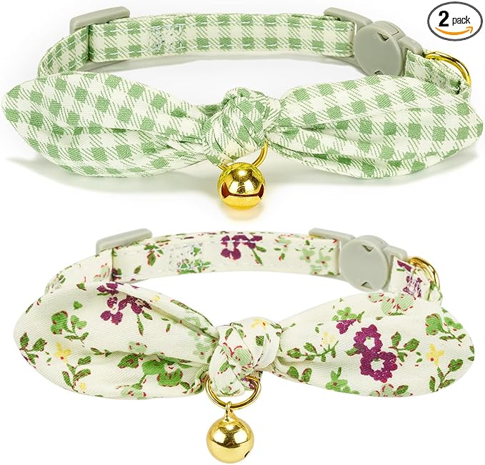 Bowtie Cat Collar with Bell, 2 Pack Cotton Breakaway Kitten Collars with by YUDOTE
