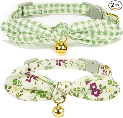 Bowtie Cat Collar with Bell, 2 Pack Cotton Breakaway Kitten Collars with by YUDOTE