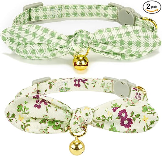 Bowtie Cat Collar with Bell, 2 Pack Cotton Breakaway Kitten Collars with by YUDOTE