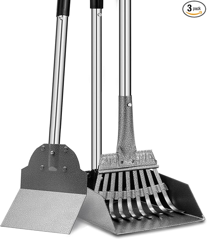 Dog Pooper Scooper, Tray Rake and Spade 3 Pack Poop Scoop Adjustable Long by SnaglePaw