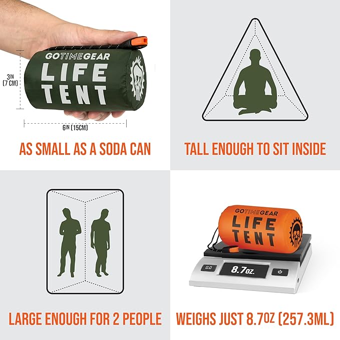 Go Time Gear Survival Life Tent • 2 Person Mylar Emergency Shelter Tube Tent + - Image 2