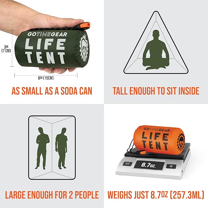 Go Time Gear Survival Life Tent • 2 Person Mylar Emergency Shelter Tube Tent + - Image 3