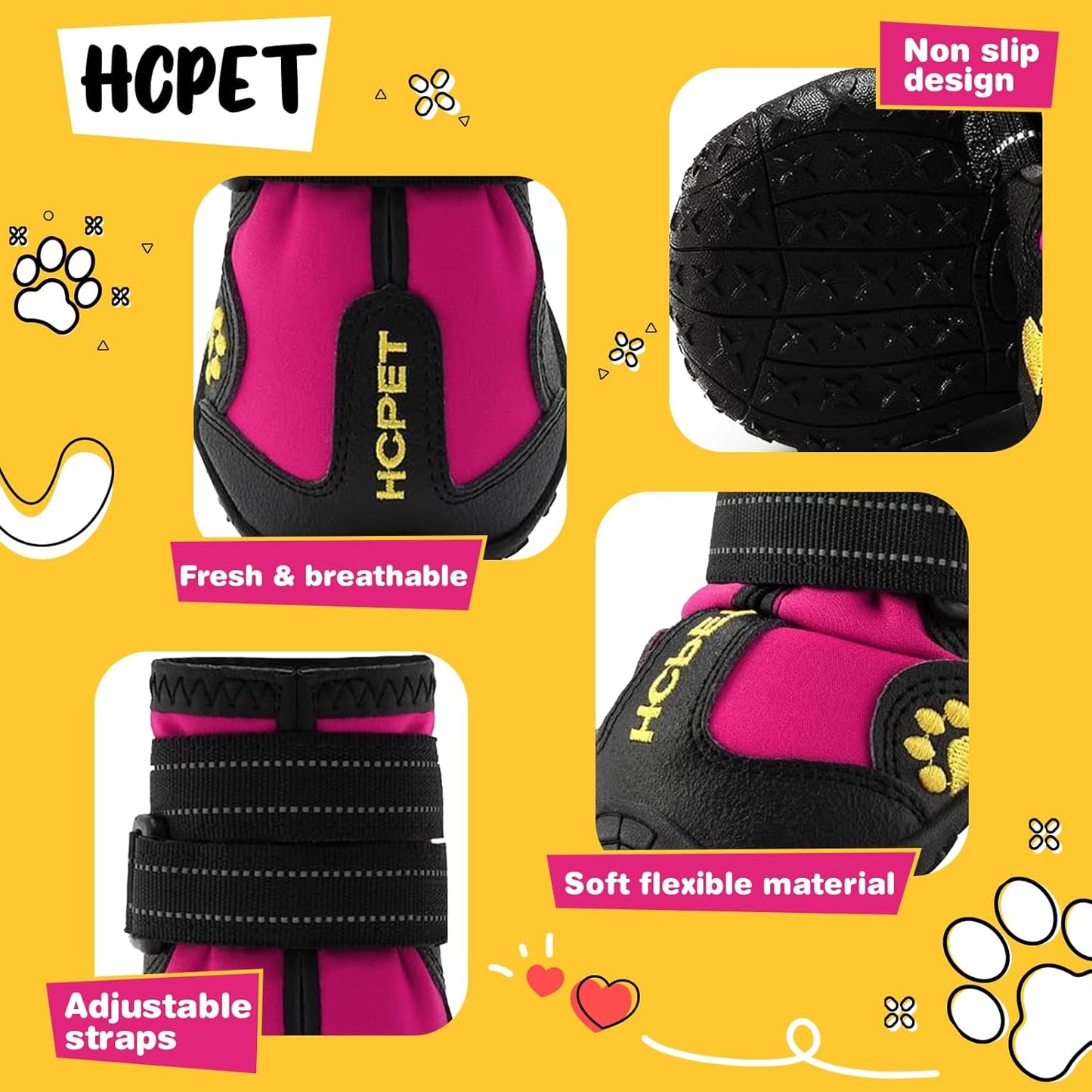 Hcpet Dog Shoes, Dog Boots for Large Dogs, Waterproof Dog Booties Paw Protector for Summer Hot Pavement, Winter Snowy Day, Outdoor Walking, Indoor Hardfloors Anti Slip Sole Pink Size 6