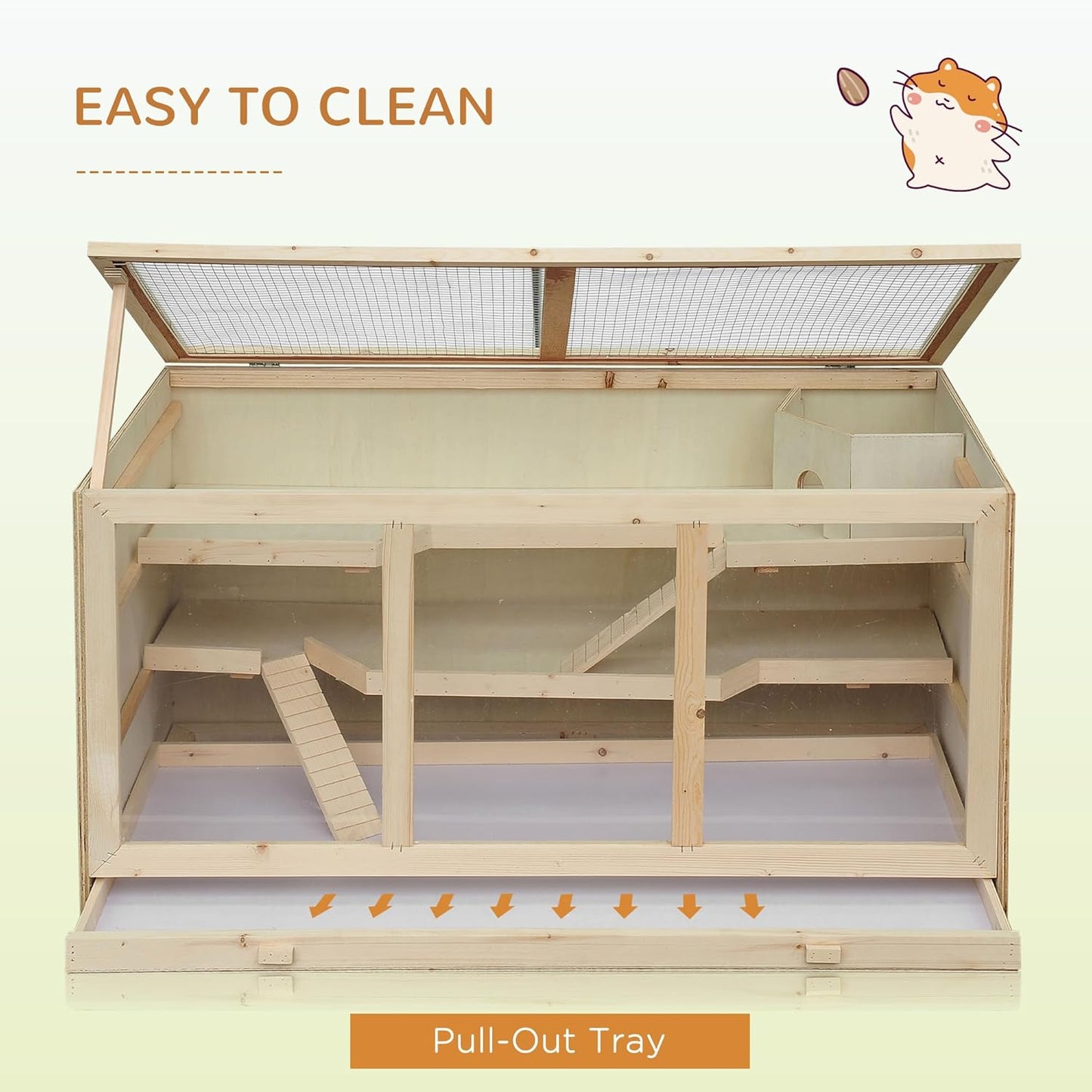 PawHut 45" Extra Large Wooden Hamster Cage, 3-Layer Chewproof Rat Cage with Opening Roof, Hut, Ramps, for Gerbil, Dwarf & Syrian Hamsters, Natural