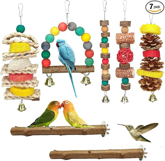 JOREWOOD 7 Pcs Natural Wood Bird Toy & Perch by JOREWOOD