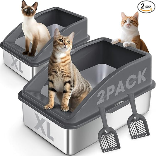 2 Pack Stainless Steel Litter Box | XL Enclosed Cat Litter Boxes by AIPERRO