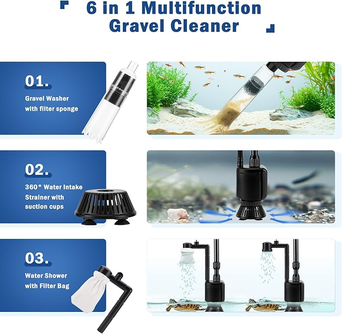 AQQA Electric Aquarium Vacuum Gravel Cleaner, 6 in 1 Automatic Fish Tank Vacuum - Image 2