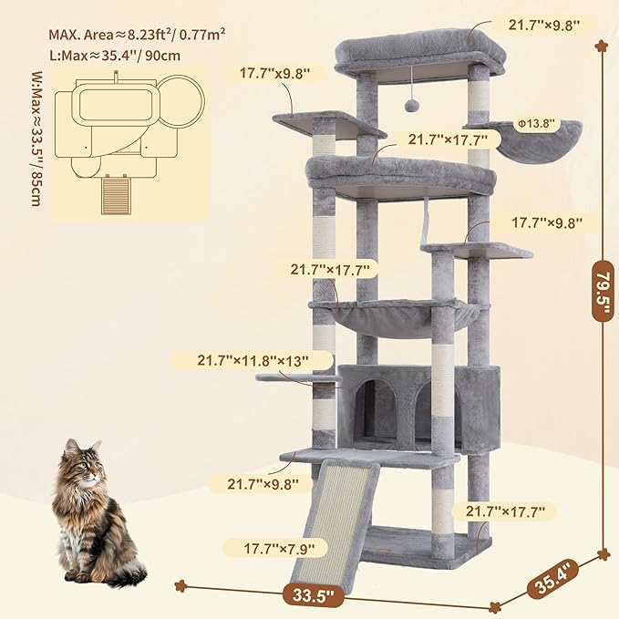 Heybly Tall Cat Tree for Large Cat, 80-inch Multi-Level Cat Tower for Indoor - Image 5