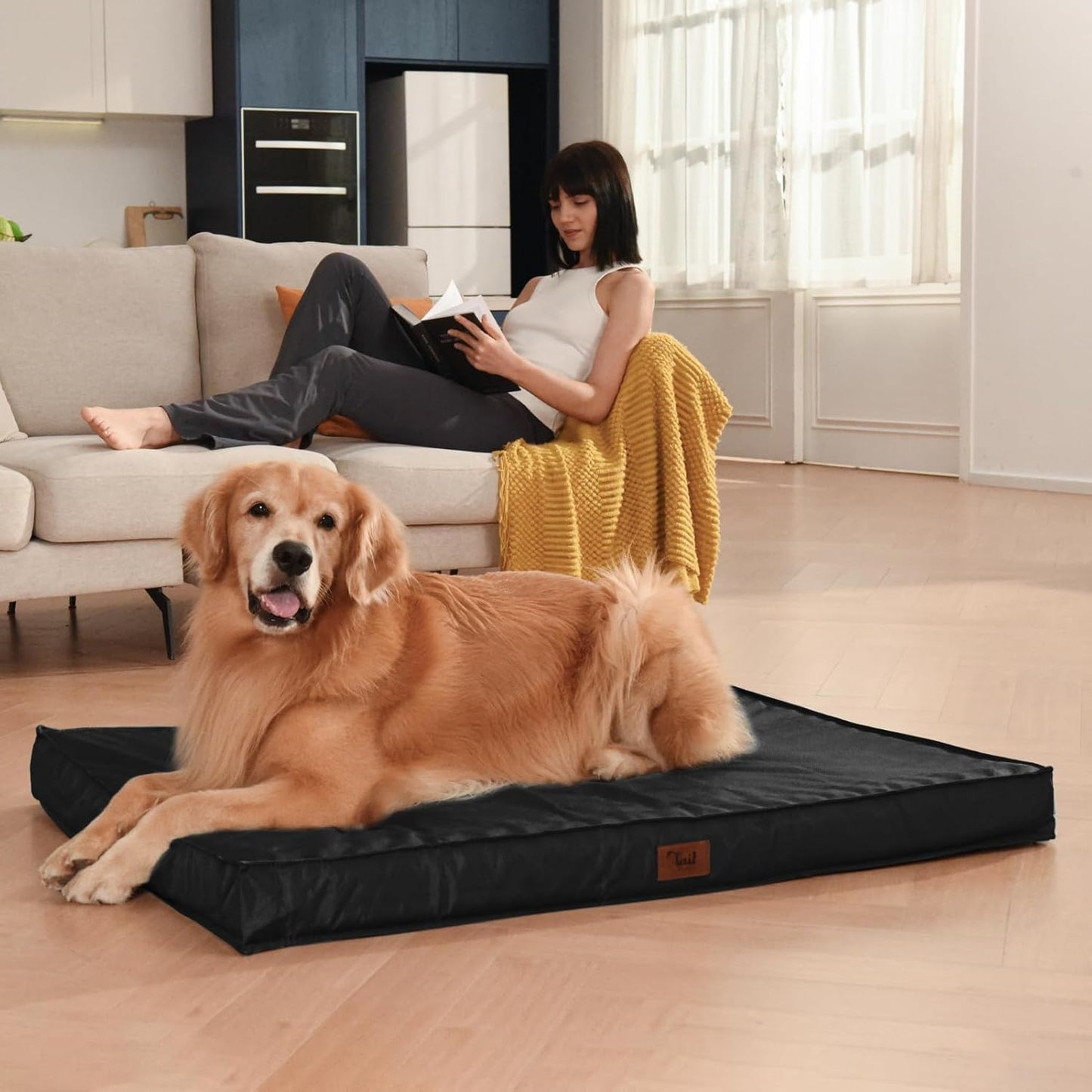 Outdoor Dog Bed for Medium Dogs, Waterproof Dog Bed for Medium Dogs Cats, Orthopedic Egg Crate Foam Pet Bed with Washable and Removable Oxford Cover, Black