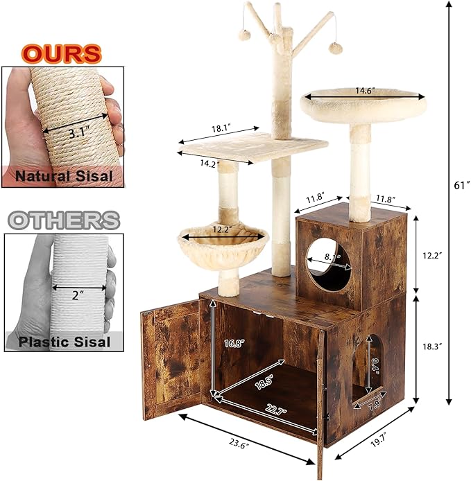Timberer Cat Tree Tower with Litter Box Enclosure, 2-in-1 Wooden Cat Condo with - Image 4