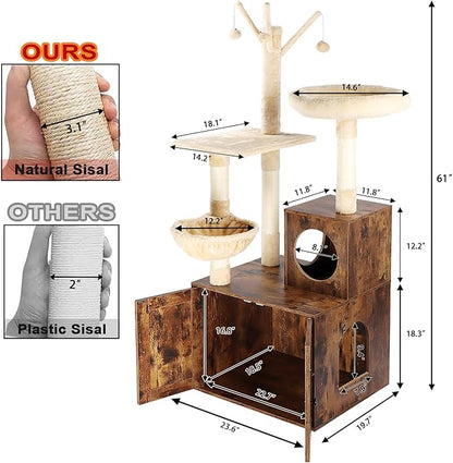 Timberer Cat Tree Tower with Litter Box Enclosure, 2-in-1 Wooden Cat Condo with - Image 4