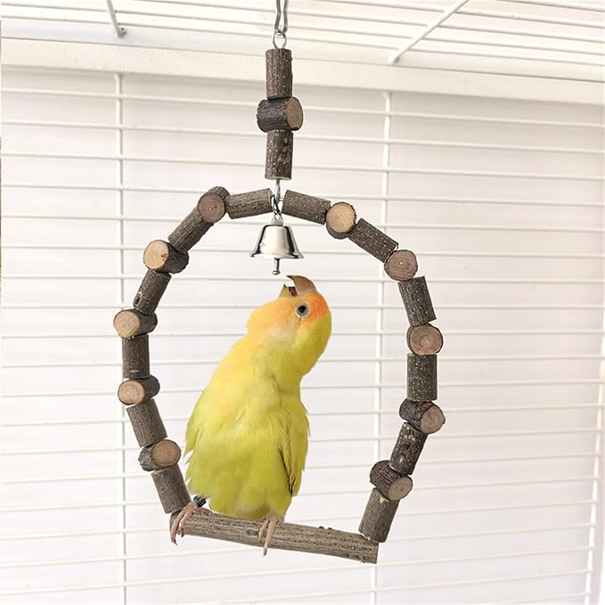 Wooden Bird Swing Perch with Bells Natural Safe Hanging Stand - Image 6