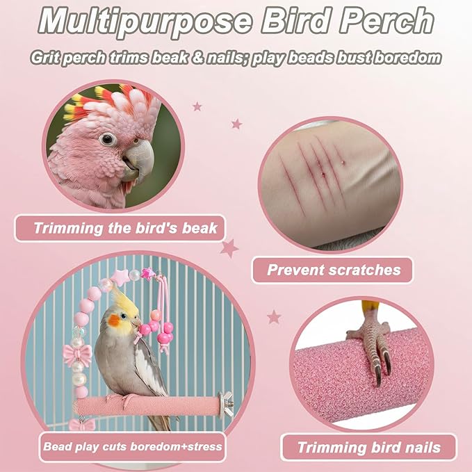 Bird Parrot Perch with Beads and Bow Chew Toy, Cage Platform Toy and Exercise - Image 2