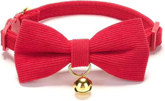 Soft Corduroy Cat Collar with Bell and Bowtie, Safety Breakaway Clasp, by Petiry