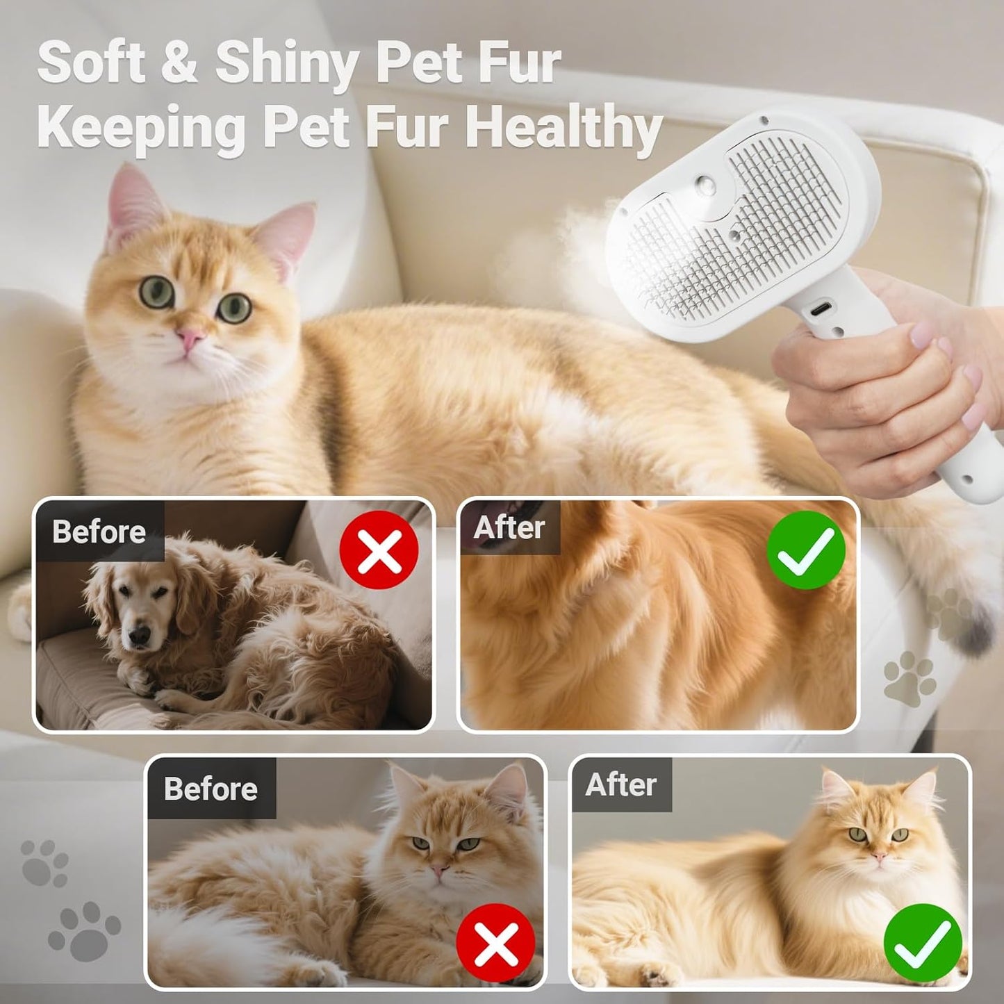 Pet Steam Brush for Dogs & Cats with Pet Conditioner, 4 in 1 Spray Hair Removal Comb for Shedding & Grooming, Self Cleaning Water Brush for Long & Short Haired Pets