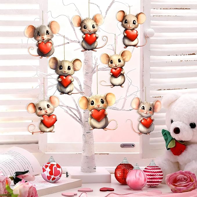 8 Pcs Cute Mouse Holding a Red Heart Ornaments - Image 2
